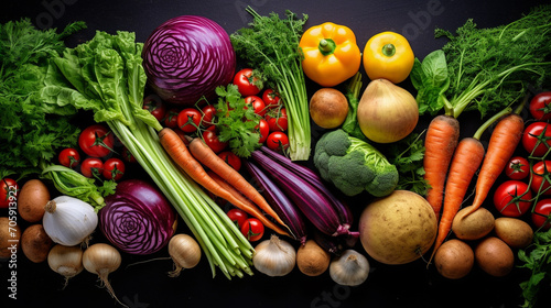 Fresh vegetables, organic healthy vegan food. On a black background.