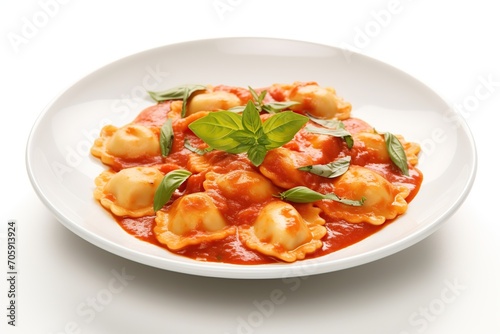 Italian ravioli pasta with tomato sauce on white background