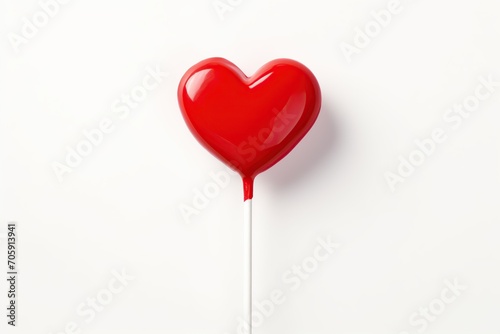 Red lollipop in shape of heart on white background