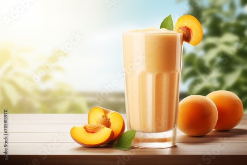 apricot smoothie. a healthy fruity fresh vegan drink in a glass on the table.