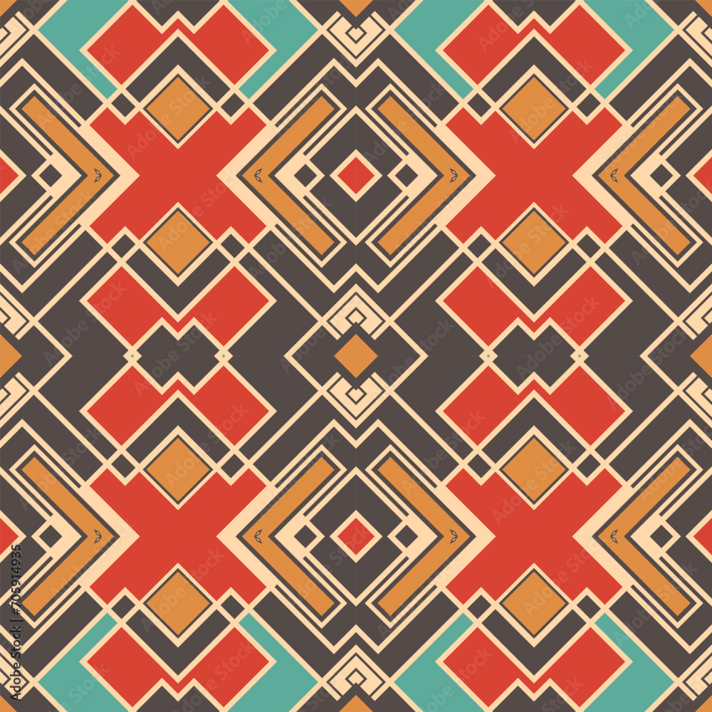 Seamless pattern with geometric composition. Retro palette with a predominance of red, brown and blue. Vector illustration