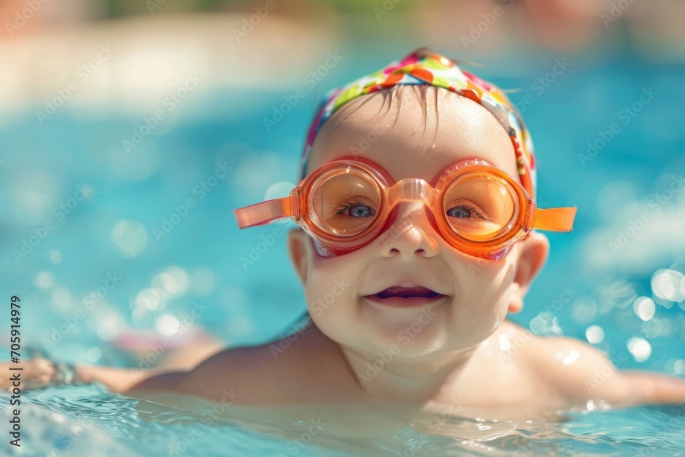 Naklejka premium Little swimmer, joyful kid, baby swims in the pool with swimming goggles. portrait of a contented child. water treatments, children's entertainment.