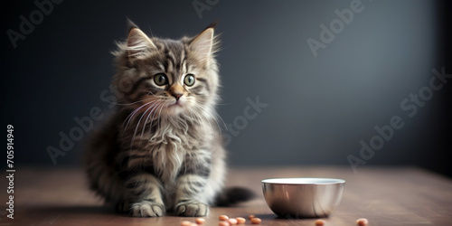 Cute cat eating on floor at home,Cute fluffy kitten sitting near the bowl of pet food Generative AI

