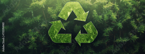 Recycling logo or symbol integrated into nature with green leaves. Recycling concept.Generative AI