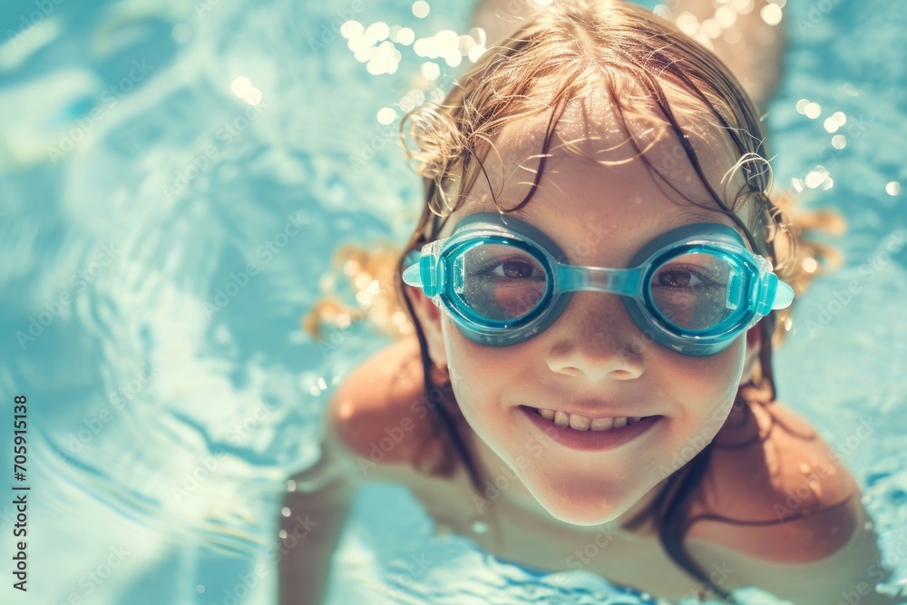 A little swimmer, a girl swims in the pool with goggles for swimming above the water. portrait of a contented child. water treatments, a kind of sport. A little swimmer, a girl swims in the pool with goggles for swimming above the water. portrait of a contented child. water treatments, a kind of sport.
