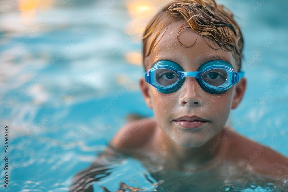 Naklejka premium A little swimmer, a boy swims in the pool with goggles for swimming above the water. portrait of a contented child. water treatments, a kind of sport.