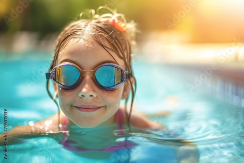A little swimmer, a girl swims in the pool with goggles for swimming above the water. portrait of a contented child. water treatments, a kind of sport. © MaskaRad