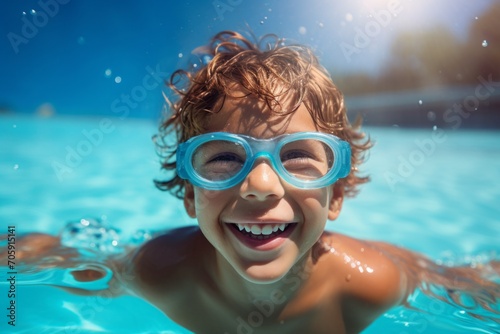 A little swimmer, kid swims in the pool wearing sunglasses. portrait of a contented child. water treatments, children's entertainment.