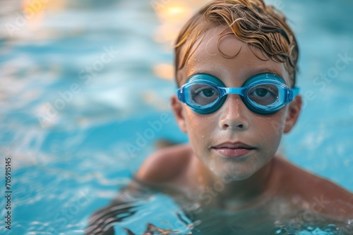 A little swimmer, a boy swims in the pool with goggles for swimming above the water. portrait of a contented child. water treatments, a kind of sport.