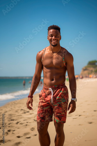 Smiling man with sunglasses walking on the beach in swim shorts