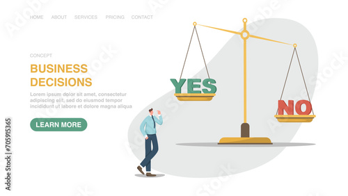 Vector illustration for poster, website, banner with man next to scales on which yes and no. Making right and wrong business decisions, choosing alternative, moral choice concept, rational thinking.