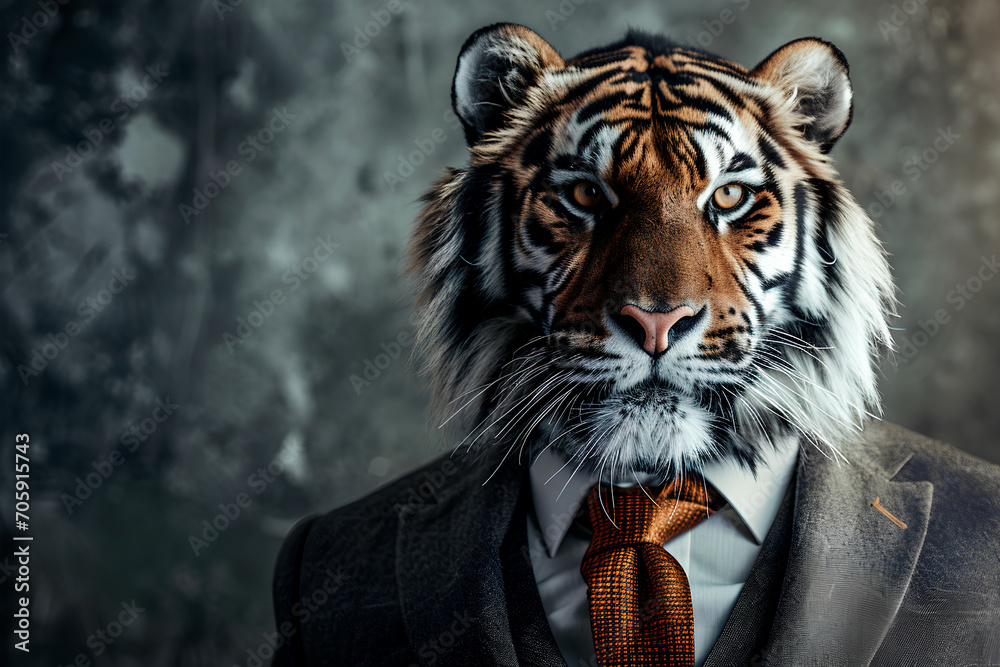An anthropomorphic portrait featuring a tiger wearing a business suit.
