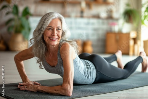 Joyful elderly lady practicing Cobra Pose  showcasing strength and flexibility in a home yoga session