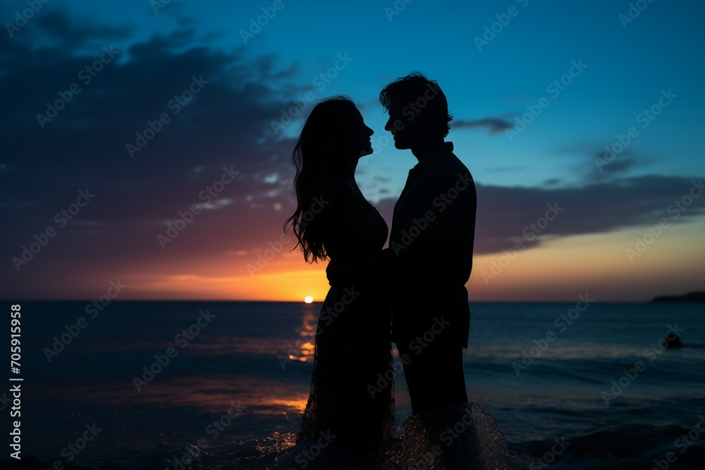 Silhouette of a couple in love on the beach, a romantic picture at sunset