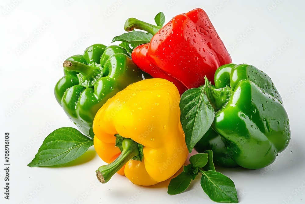 Bell peppers with leaves on a white background, a bunch of isolated multicolored vegetables with a shadow. Bell peppers with leaves on a white background, a bunch of isolated multicolored vegetables with a shadow.