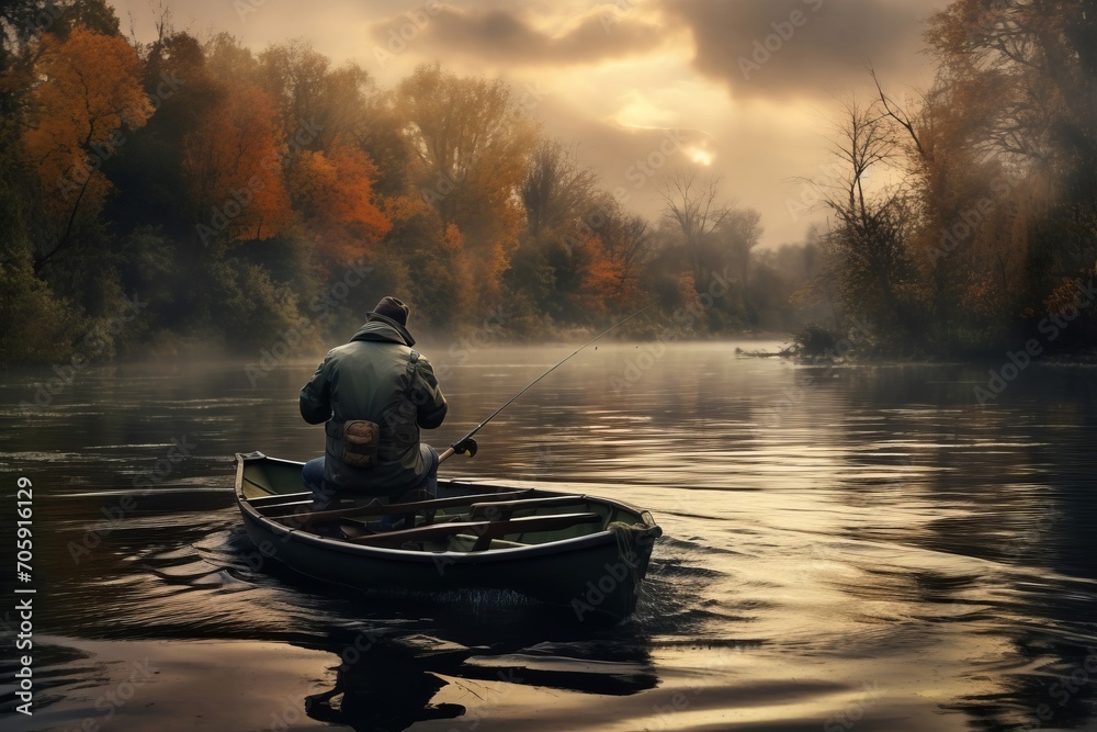 Man fishing in his boat in the middle of the river on an autumn day. Concept hobby, retirement - obrazy, fototapety, plakaty 