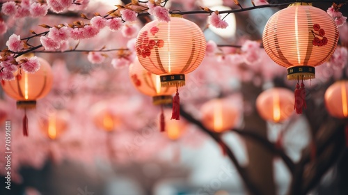 Warm lightning Chinese lanterns lights are hanging up from pink Sakura branches
