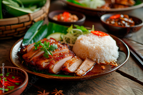 Nam Tok Waterfall Pork plate showcasing juiciness and richness, captured from a side view.