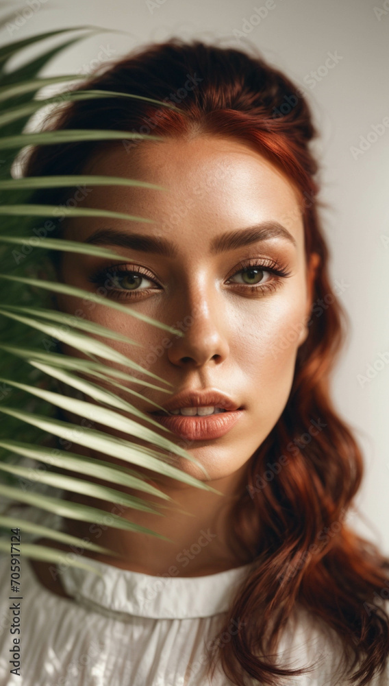 Beautiful fashionable young woman portrait poses near white wall with palm leaf shadow Beautiful fashionable young woman portrait poses near white wall with palm leaf shadow