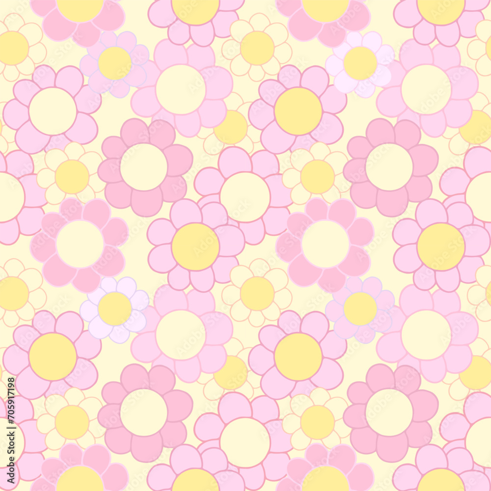 Seamless pattern with cartoon flowers for kid's wallpaper and textile design print kawaii pink yellow background 