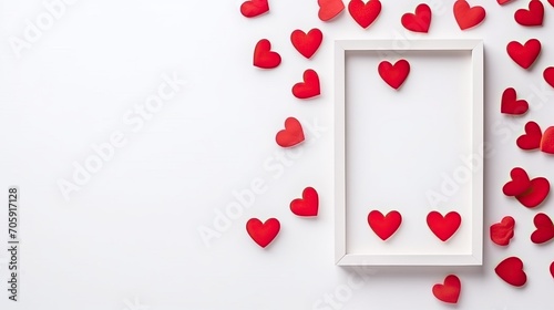 Valentine card with hearts. Empty frame with red hearts decoration, white wall background