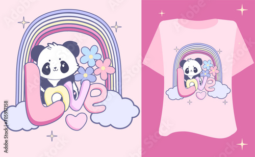kawaii sweete design art kids graphic t shirt cartoo animal character panda with love rainbow tee inspiration quote flower childish on white background  slogan graphic 