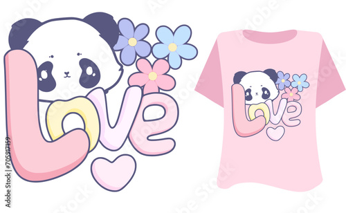 kawaii sweete design art kids graphic t shirt cartoo animal character panda with love rainbow tee inspiration quote flower childish on white background  slogan graphic 