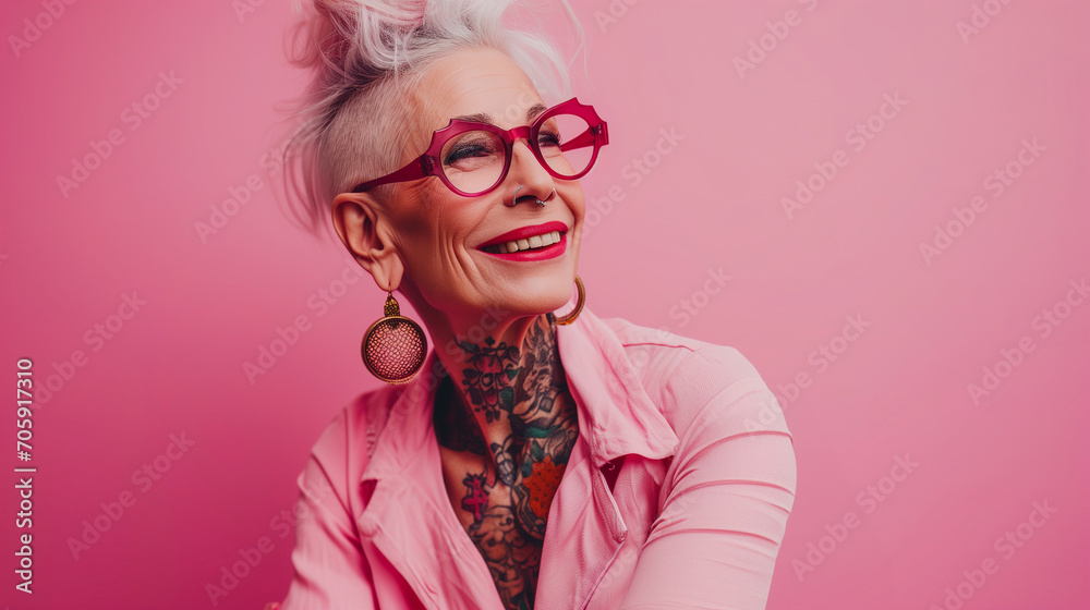 studio portrait of  adult woman with tattoos in pink t shirt, ai