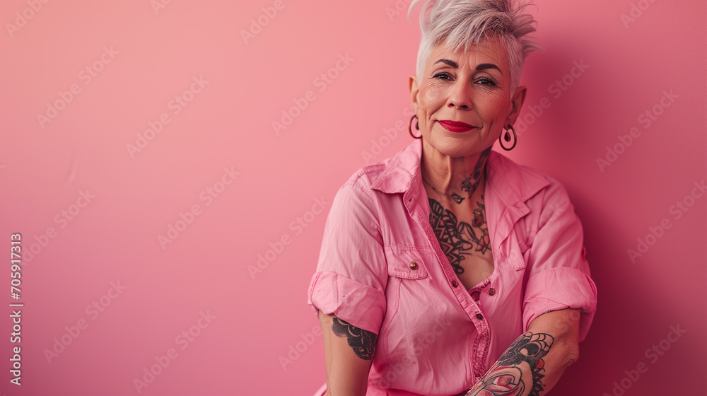 studio portrait of adult woman with tattoos in pink t shirt, ai studio portrait of adult woman with tattoos in pink t shirt, ai