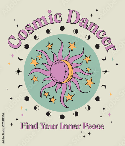 Cosmic astrology vector illustration. Esoteric pastel retro T shirt print design.