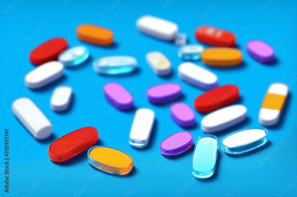Colorful pills on blue background. Top view with copy space. Colorful pills on blue background. Top view with copy space.