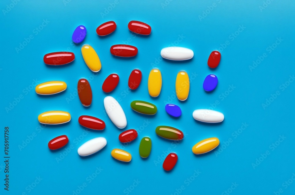 Colorful pills on blue background. Top view with copy space. Colorful pills on blue background. Top view with copy space.