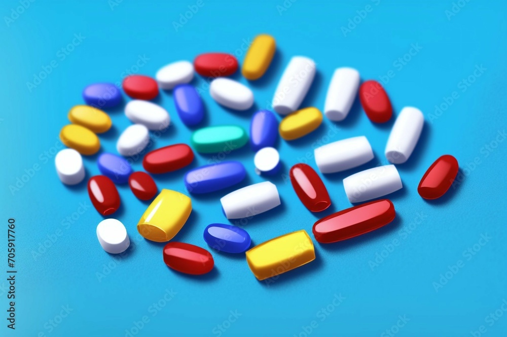Colorful pills on blue background. Top view with copy space. Colorful pills on blue background. Top view with copy space.