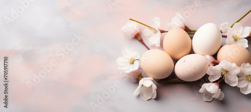 Colorful easter eggs and blossoms on peach fuzz backdrop with free copy space for creativity