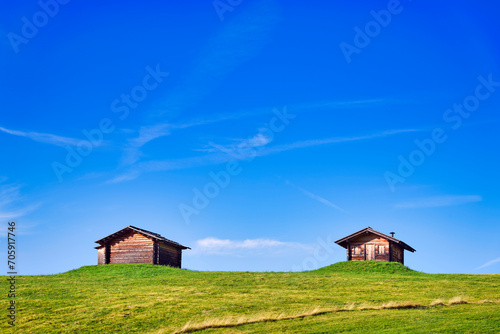 Two solitary wooden huts on a green meadow hill in warm afternoon sunlight against blue sky. Peaceful relaxing image. Italian dolomites, Trentino, Italy.