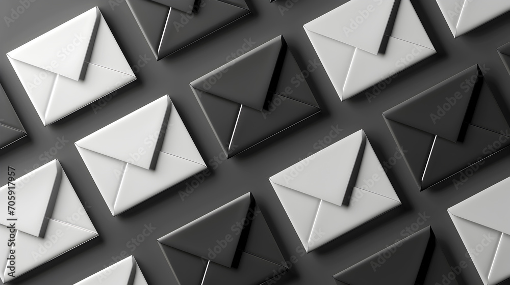 Black and white email icons, scattered arrangement, 3D perspective. Contrast email envelopes, 3D depth, abstract layout. Monochromatic mail envelope symbols, assorted design, artistic shadows Black and white email icons, scattered arrangement, 3D perspective. Contrast email envelopes, 3D depth, abstract layout. Monochromatic mail envelope symbols, assorted design, artistic shadows
