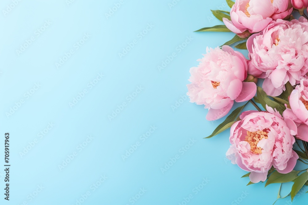 Flat lay of pink peony flowers with copyspace on blue background