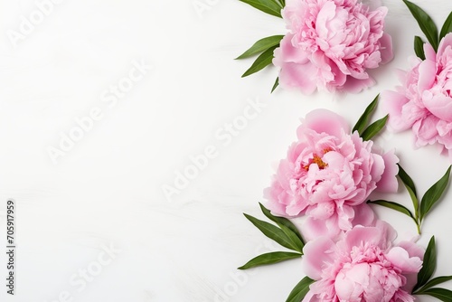 Flat lay of pink peony flowers with copyspace on white background