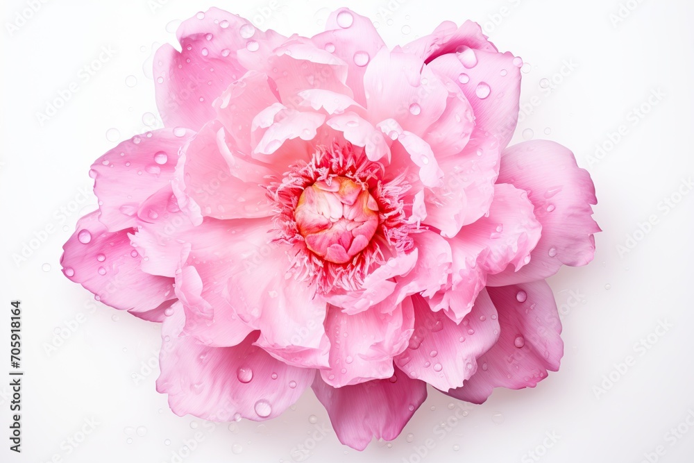 Pink peony flowers with water drops on white background