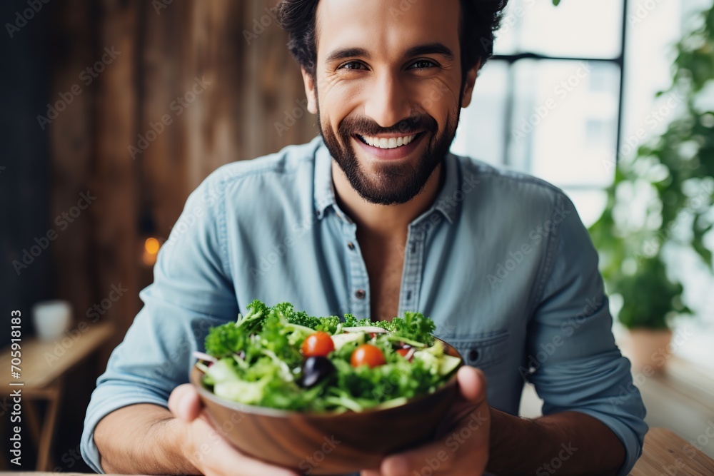 Beautiful man eating healthy salad in the kitchen Beautiful man eating healthy salad in the kitchen