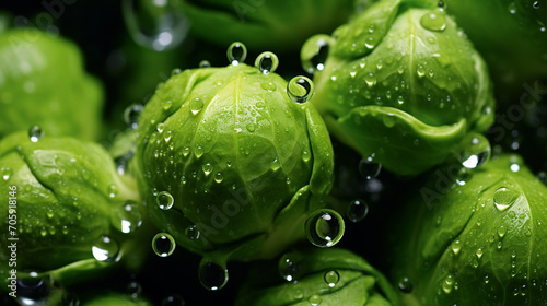 Close-up of raw, fresh and whole Brussels sprouts in water drops.Generative AI