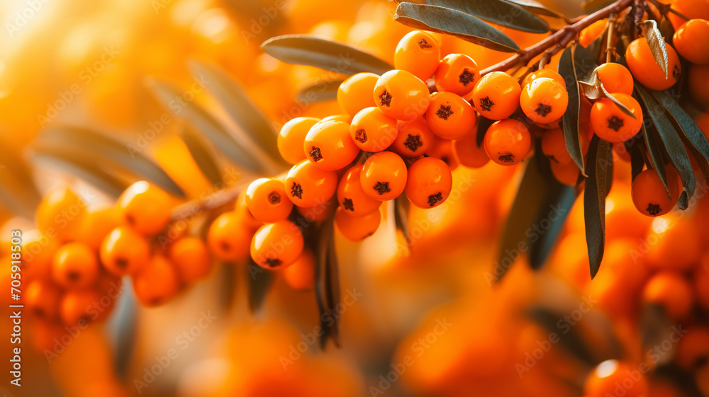 Sea buckthorn. Branch of ripe sea buckthorn berries in a garden. The use of juices, compotes, wines, sea buckthorn oil.