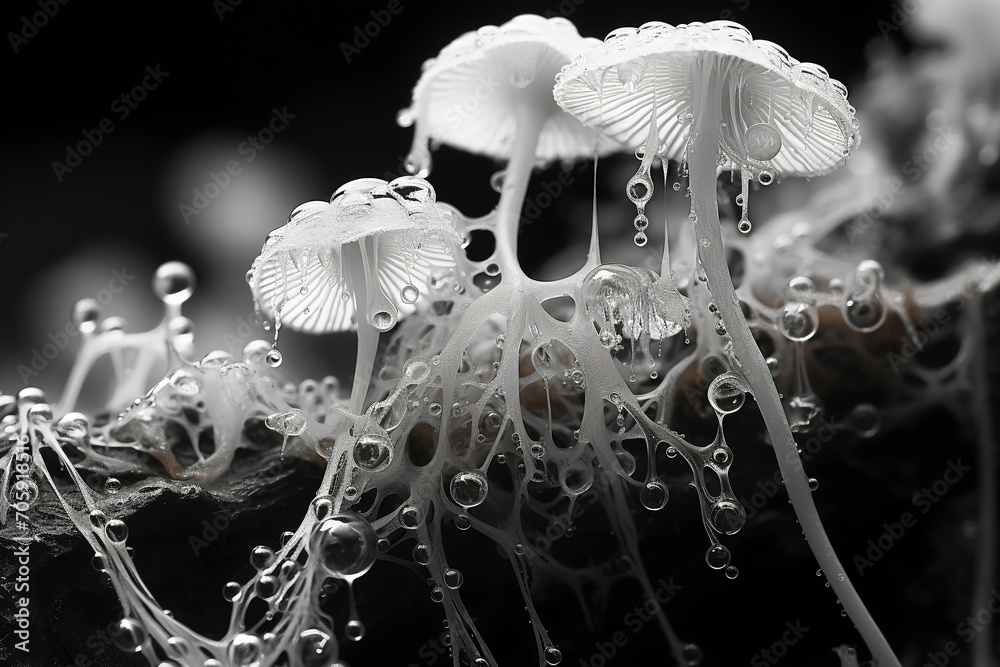 Fantasy Mushroom, Black and white image of psychedelic mushrooms, Psychedelic mushrooms in transparent slime.