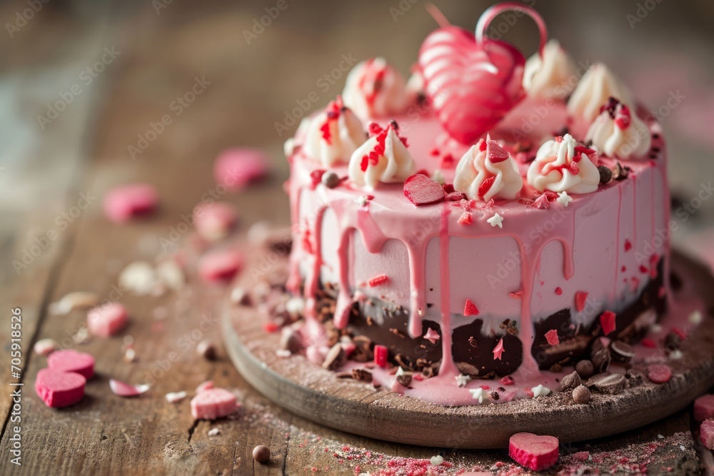 Pink cake for a birthday party, wedding anniversary or Valentine's day