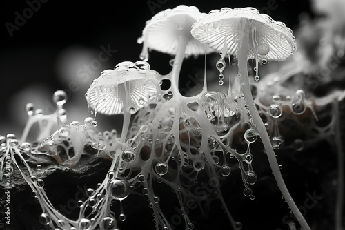 Obraz na płótnie Fantasy Mushroom, Black and white image of psychedelic mushrooms, Psychedelic mushrooms in transparent slime. w salonie