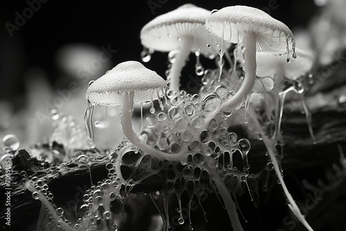 Obraz na płótnie Fantasy Mushroom, Black and white image of psychedelic mushrooms, Psychedelic mushrooms in transparent slime. w salonie