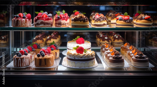 Various cakes and brownies with frosting in a refrigerated bakery cabinet. counter with sweets photo