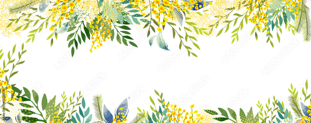 Horizontal frame with Yellow mimosa. Spring wreath of the brightest yellow flowers. Hello Spring . hand drawing. Not AI, - obrazy, fototapety, plakaty 