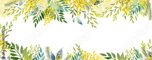 Horizontal frame with Yellow mimosa. Spring wreath of the brightest yellow flowers. Hello Spring . hand drawing. Not AI, #705918733