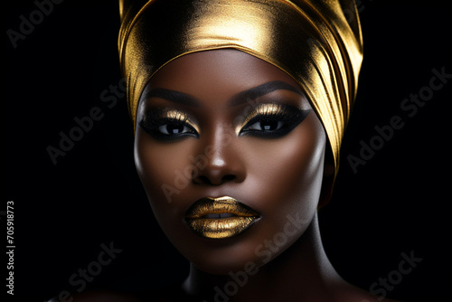 Beautiful portrait of an African model with gold lips and head wrap